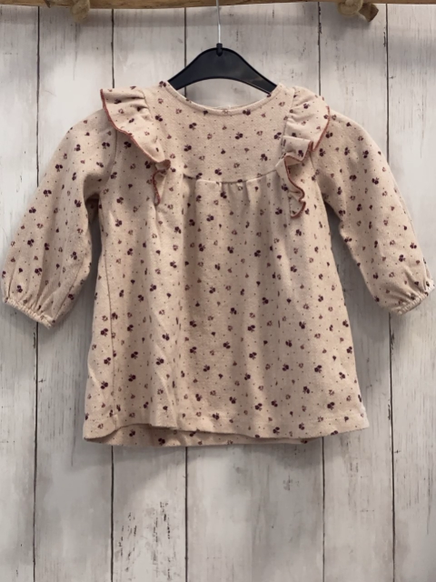 Zara  Kleid  Gr. 92  beige weiße Zackenstreifen Blumen Rüschen 