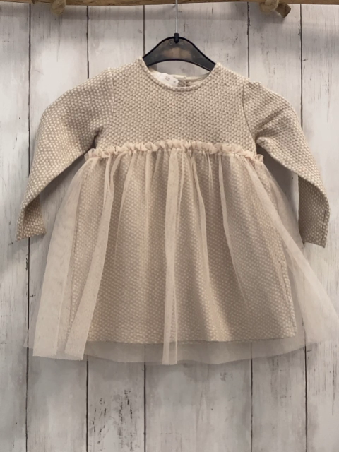 Zara  Kleid  Gr. 92  beige weiße Quadrate mit golden Glitzer Tüllüberrock