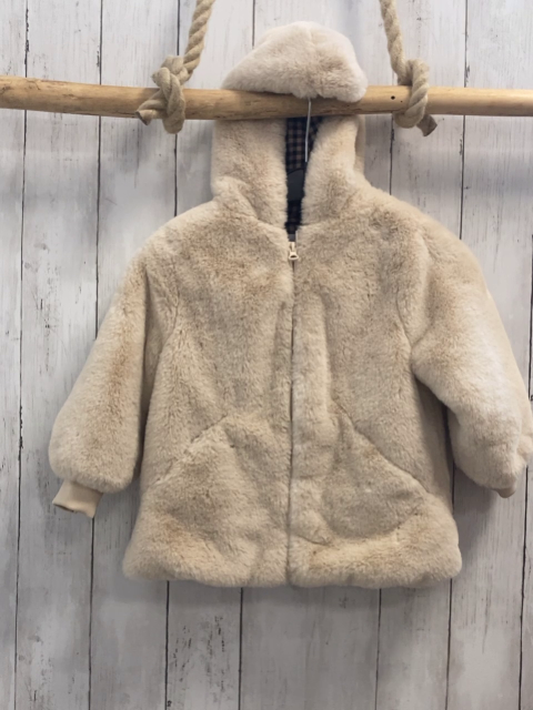 Zara  Plüschjacke  Gr. 104  beige Kapuze schwarz braun kariertes Futter 