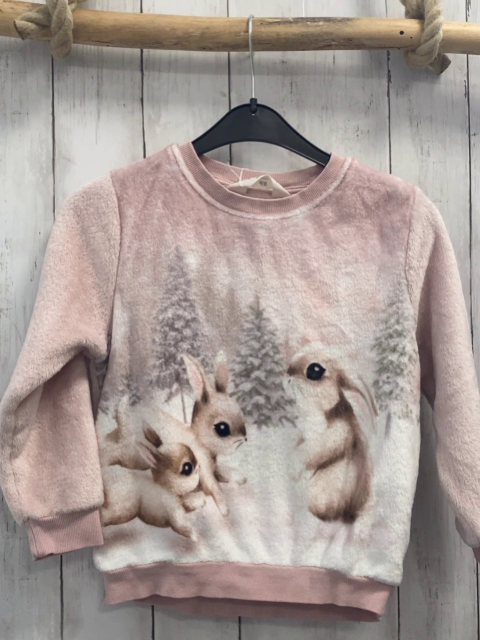 H&M  Pullover  Gr. 110  rosa Plüsch Tannenbäume Kaninchen 