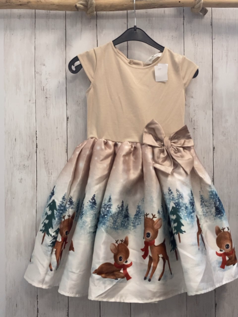 H&M  Kleid  Gr. 122/128  beige Oberteil große Schleife weiß beige Rock mit Rehen Tannenbäumen Häuser Unterrock
