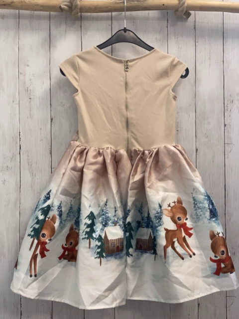 H&M  Kleid  Gr. 122/128  beige Oberteil große Schleife weiß beige Rock mit Rehen Tannenbäumen Häuser Unterrock