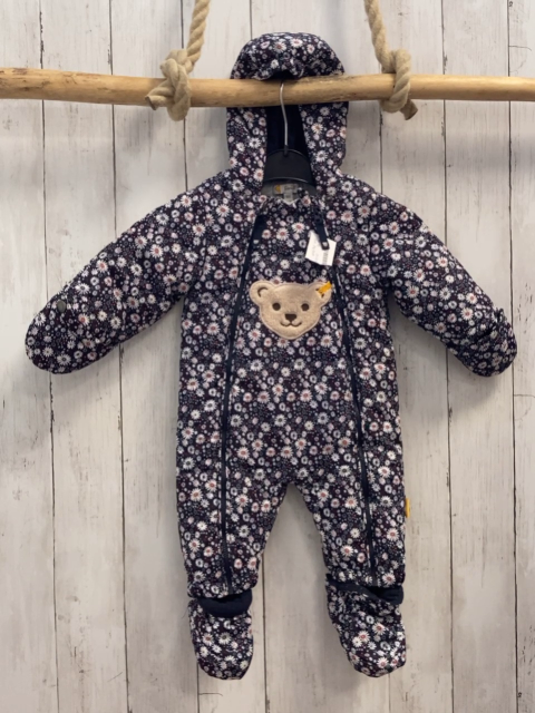 2tlg Steiff  Winteroverall + Schühchen  Gr. 62  dunkelblau Blumen Kapuze Plüschbärenkopf 