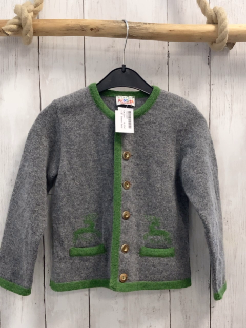 Stassny Salzburg Strickjacke Gr. 104  grau grüner Bund 100% Merinowolle