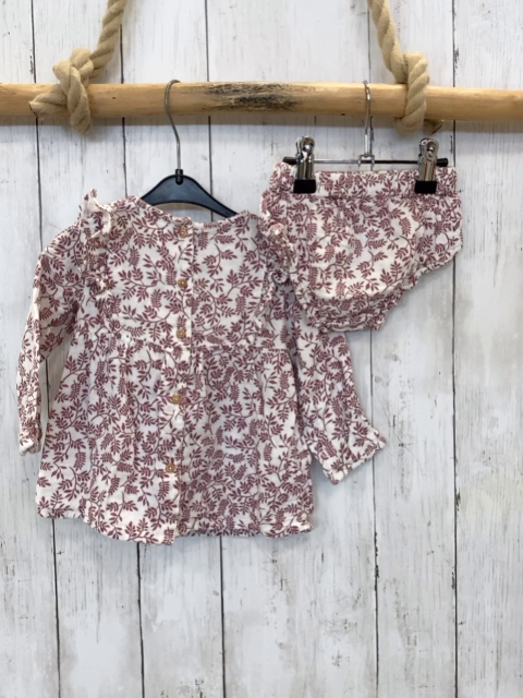 2tlg Mango  Kleid + Höschen  Gr. 74  weiß weinrote Blätter gesmokter Ausschnitt 