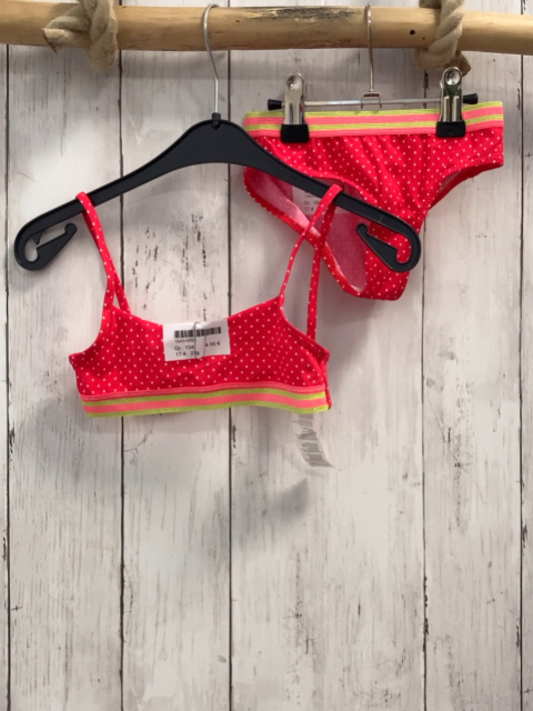 2tlg  Bikini  Gr. 104  rot weiße Punkte hellrot hellgrüner Streifenbund mit Glitzer 