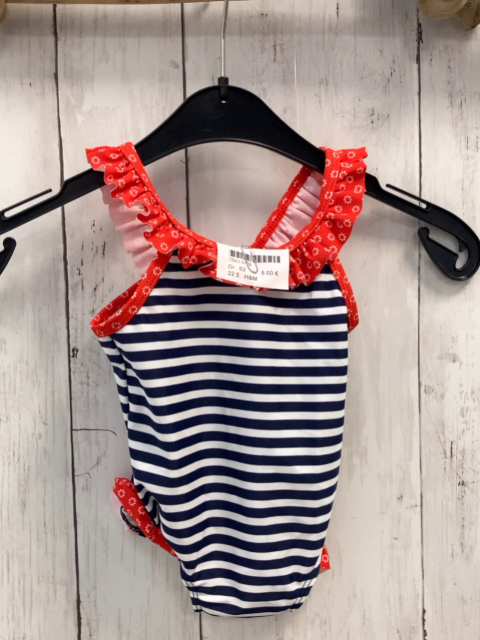 H&M Badeanzug Gr. 62  blau weiß gestreift rote Ärmel Blumen