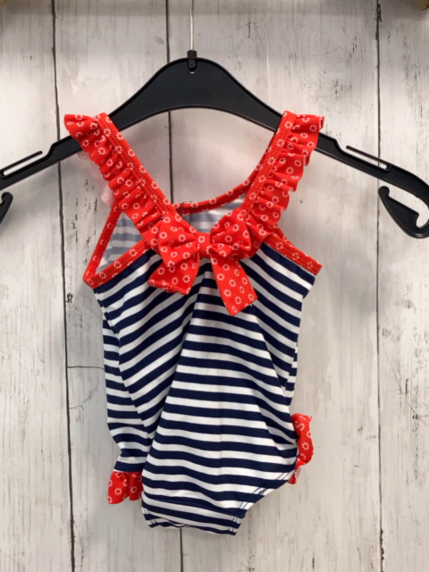 H&M Badeanzug Gr. 62  blau weiß gestreift rote Ärmel Blumen