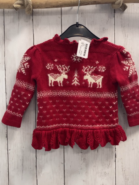 Ralph Lauren  Strickjacke  Gr. 80  rot weißes Muster mit Hirschen Rüschensaum mit Lochmuster