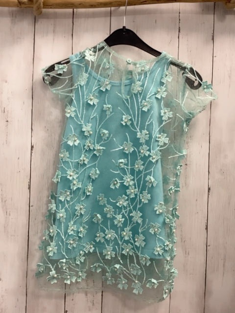 2tlg  Kleid  Gr. 92  hellblaues Unterkleid transparentes Überklei mit Blumen + weißen Perlen