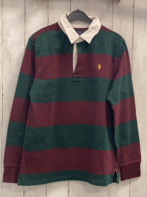 Ralph Lauren  Langarmshirt  Gr. 158/164  grün weinrote Streifen weißer Kragen 