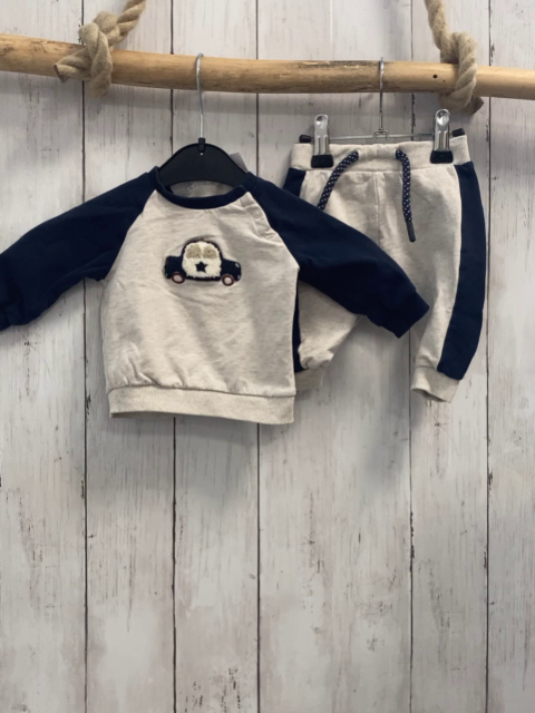 2tlg H&M  Pullover + Leggings  Gr. 56  beige blaue Ärmel Auto + beige blaue Seitenstreifen 