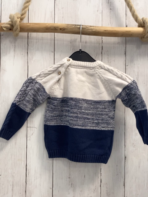   Pullover  Gr. 86  weiß blau weiß meliert + blaue Streifen Strick Zöpfe 