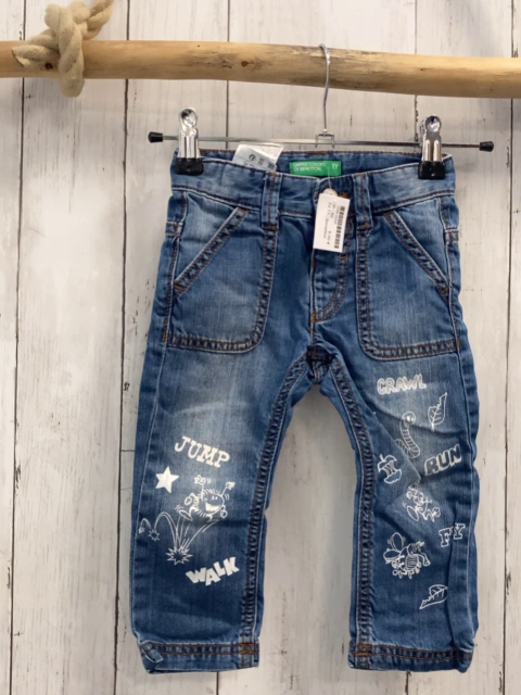 Benetton Hose  Gr. 80  blau Jeans weiße Bilder + Schrift Bund verstellbar 