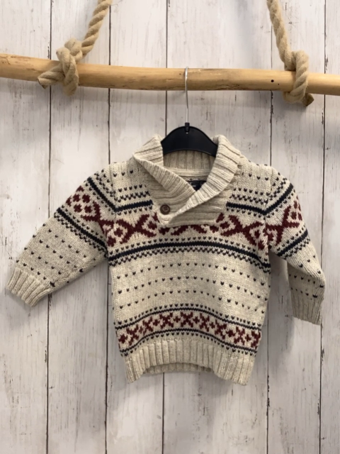 H&M  Pullover  Gr. 74  hellgrau oliv weinrotes Muster Strick großer Kragen 