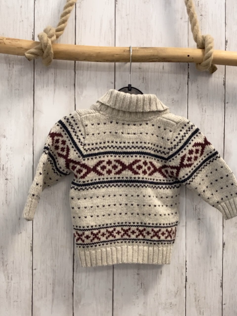 H&M  Pullover  Gr. 74  hellgrau oliv weinrotes Muster Strick großer Kragen 