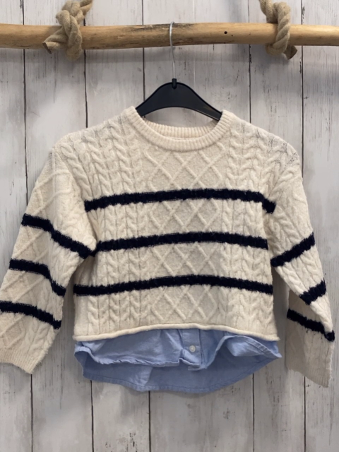 Zara  Pullover  Gr. 110  weiß blaue Streifen Strick Zöpfe hellblauer Blusensaum 