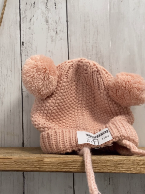   Mütze  Gr. 35cm  rosa Strick 2 Bommel 