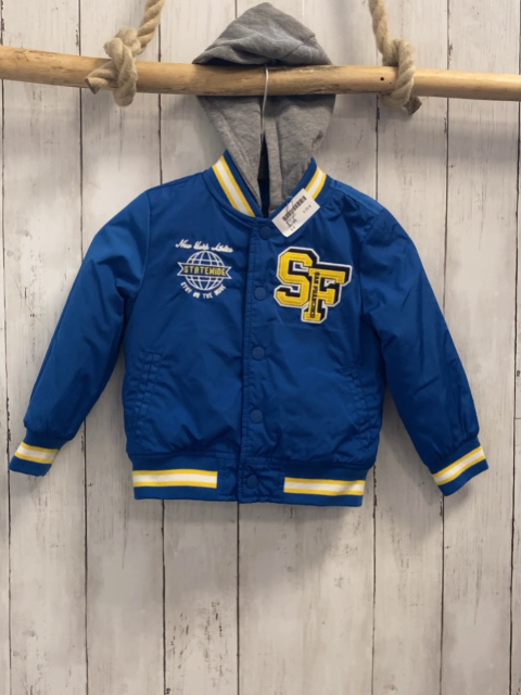   Jacke Gr. 98  marineblau Schrift graue Kapuze blau gelb weißer Streifenbund 