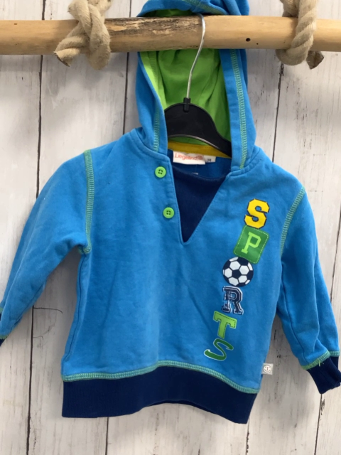 Liegelind  Pullover  Gr. 74  hellblau Kapuze blauer Bund hellgrüne Nähte Fußball 
