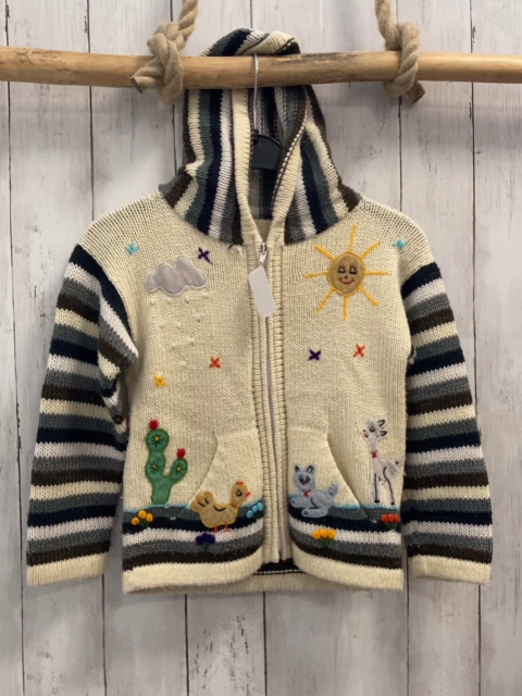   Strickjacke  Gr. 116  weiß Landschaft + grau hellgrau schwarz weiß gestreifte Ärmel + Kapuze 