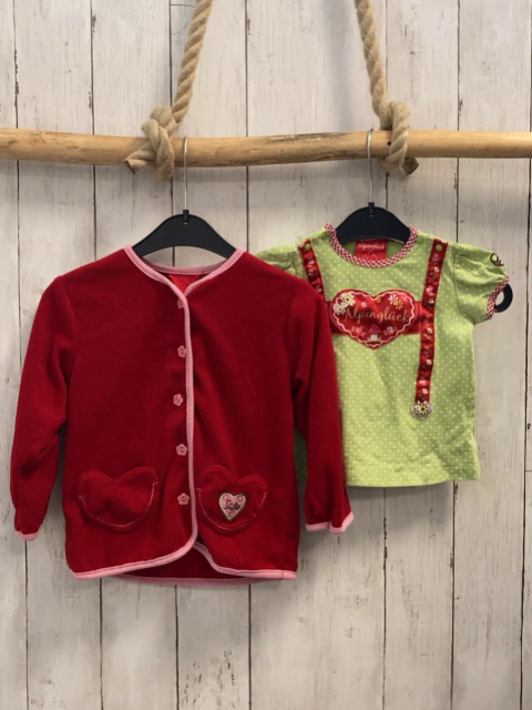 2tlg Bondi  Fleecejacke + T-Shirt  Gr. 80  rot rosa Bund + hellgrün weiße Punkte Latz 