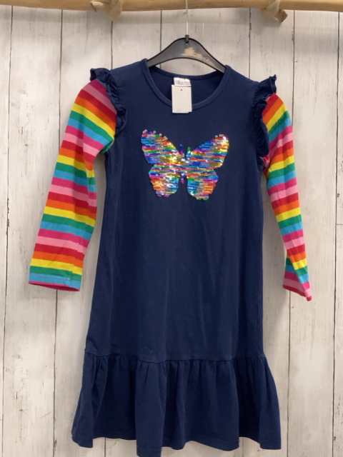   Kleid  Gr. 128  blau bunter Pailettenschmetterlinge bunt gestreifte Ärmel 