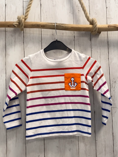 Jacadi Langarmshirt  Gr. 116  weiß mit bunten Streifen orange Tasche mit Anker 