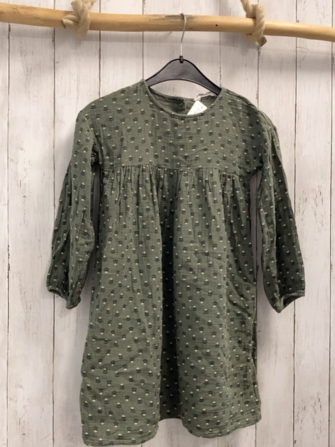 H&M  Kleid  Gr. 128  kiwi Struktur beige schwarze Blumen 