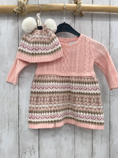 2tlg Adrienne Vittadini  Kleid + Mütze  Gr. 74  rosa Strick + Muster Mütze mit 2 weißen Fellbommeln 