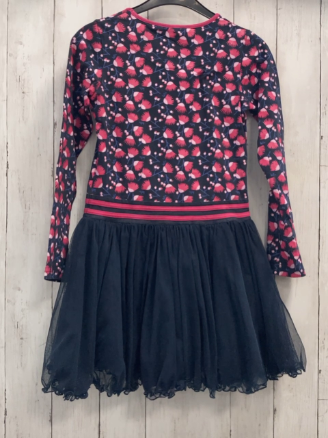 Lofft  Kleid Gr. 134/140  blaues Oberteil mit pink rosa Blumen lila Stengeln Tüllüberrok 