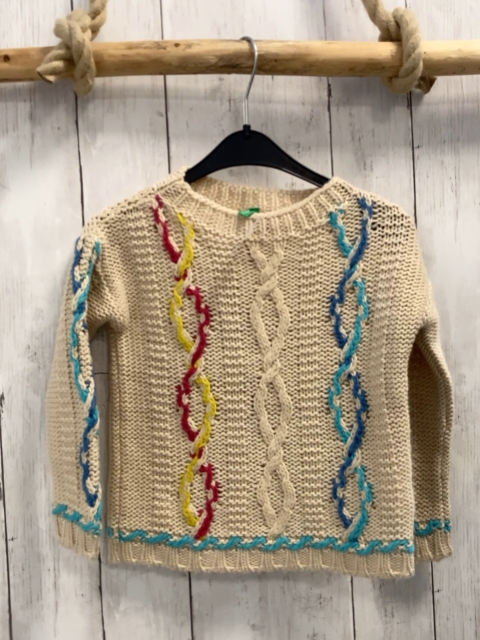 Benetton Pullover Gr. 98  beige Strick bunte Fäden