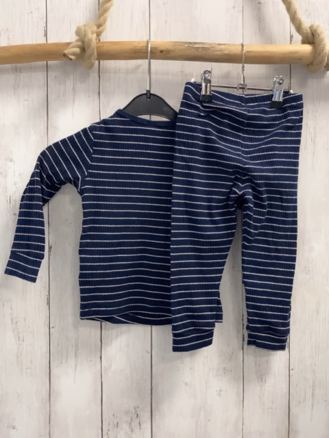 2tlg H&M  Langarmshirt + Leggings  Gr. 92  blau weiße Streifen Rippen 