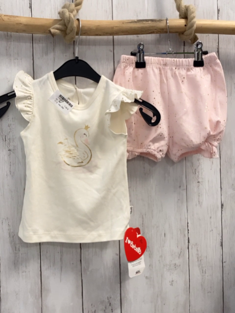 neu 2tlg  T-Shirt + Shorts  Gr. 80  creme goldener Schwan + rot mit goldenen Glitzersternen 