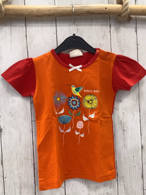 Bakery Baby  T-Shirt  Gr. 98  orange Vögel Blumen roter Bund + Ärmel 