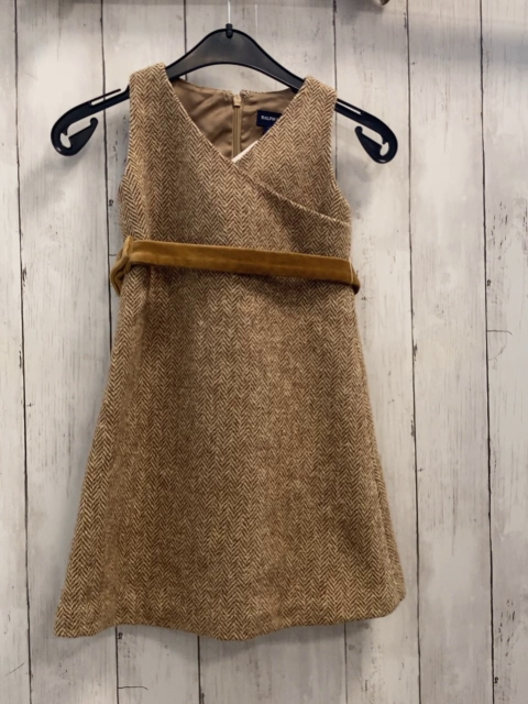 Ralph Lauren  Kleid  Gr. 110  beige braune Zackenstreifen mit ocker Nickygürtel Oberstoff 100 % Wolle