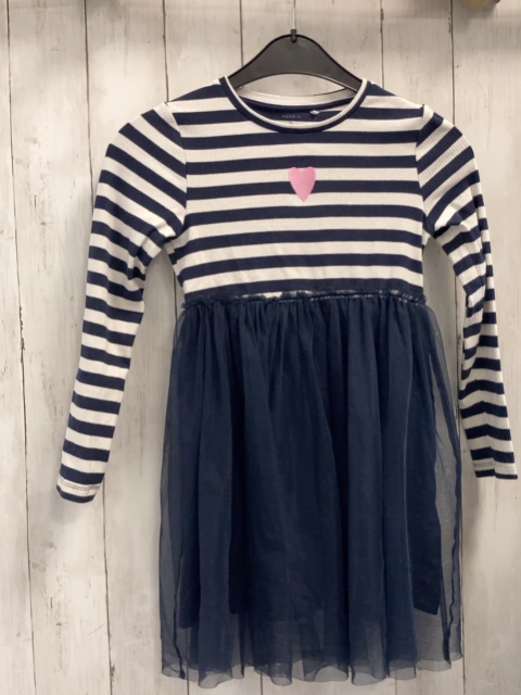 Name it  Kleid  Gr. 128  blau weiß gestreiftes Rippenoberteil mit rosa Herz blauer Tüllrock 