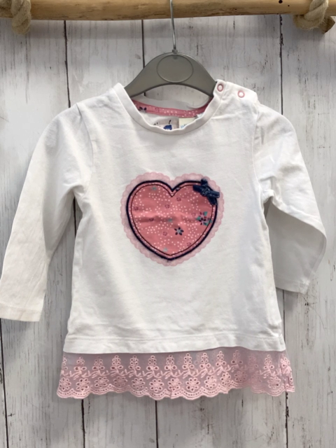 Bob der Bär  Langarmshirt  Gr. 74  weiß Herz transparenter Saum mit rosa Stickerei