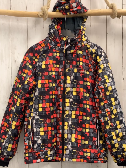 Kamik  Winterjacke  Gr. 164  grau schwarz Rechtecke mit gelb rot orange hellgrauem Druck 