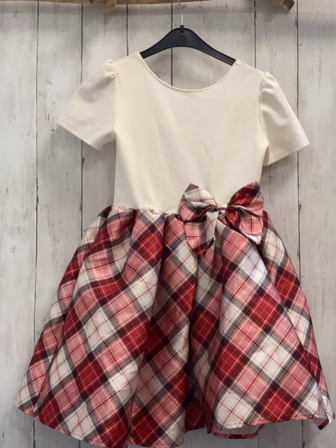 H&M  Kleid  Gr. 134/140  creme Oberteil + weiß creme rot schwarz karierter Rock + große Schleife 