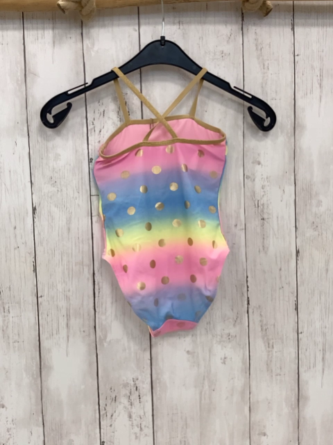 H&M  Badeanzug  Gr. 98  hellblau gelb rosa hellgrüne Streifen Rüschen golene glänzende Punkte 