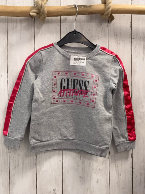 Guess  Pullover  Gr. 98  grau Schrift mit Glitzer pink Streifen an den Ärmeln 