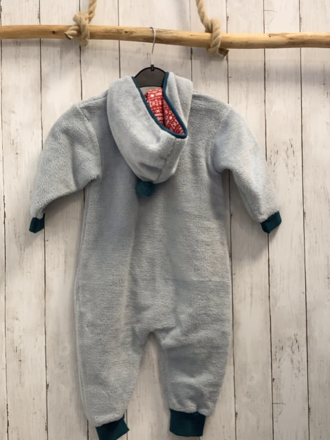 neu Gelati  Plüschoverall Gr. 98  hellgrau petrol Bund Kapuze mit Bommel gestickte BLumen rotes Futter mit weißem Muster 