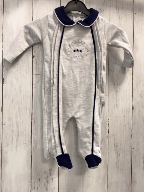 Miniborn  Strampler  Gr. 62  grau blauer Kragen silber Krone 