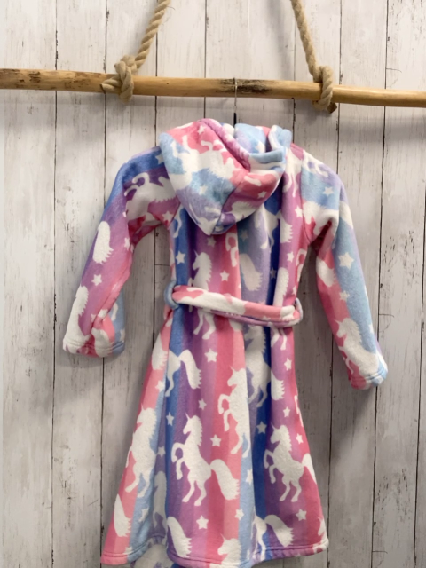   Bademantel  Gr. 134/140   weiß hellblau rot lavendel Streifen mit weißen Bildern 