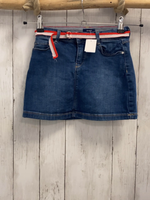 Okaidi  Rock Gr. 128  blau Jeans rot silber rosa gestreifter Gürtel  Bund verstellbar 
