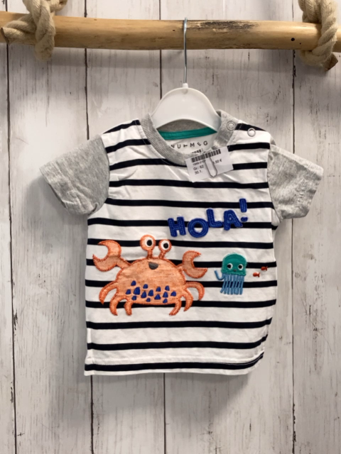   T-Shirt  Gr. 62  weiß schwarze Streifen graue Ärmel Krabbe Qualle Schrift 