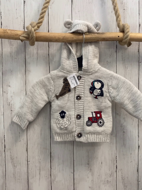 Nutmeg  Strickjacke  Gr. 68  hellgrau Tiere Trecker Kapuze mit Ohren weißes Teddyfutter 