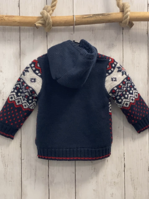   Strickjacke  Gr. 74  blau + hellgrau blau rot weiß gemustert mit Kristallen + Rauten blaues Tedddyfutter 