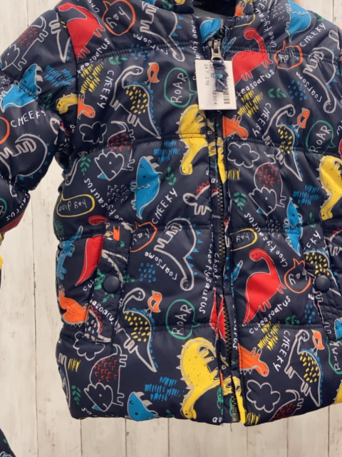 2 tlg  Winterjacke + Handschuhe  Gr. 92  dunkelblau bunte Dinos Schrift Kapuze blaues Fleecefutter 